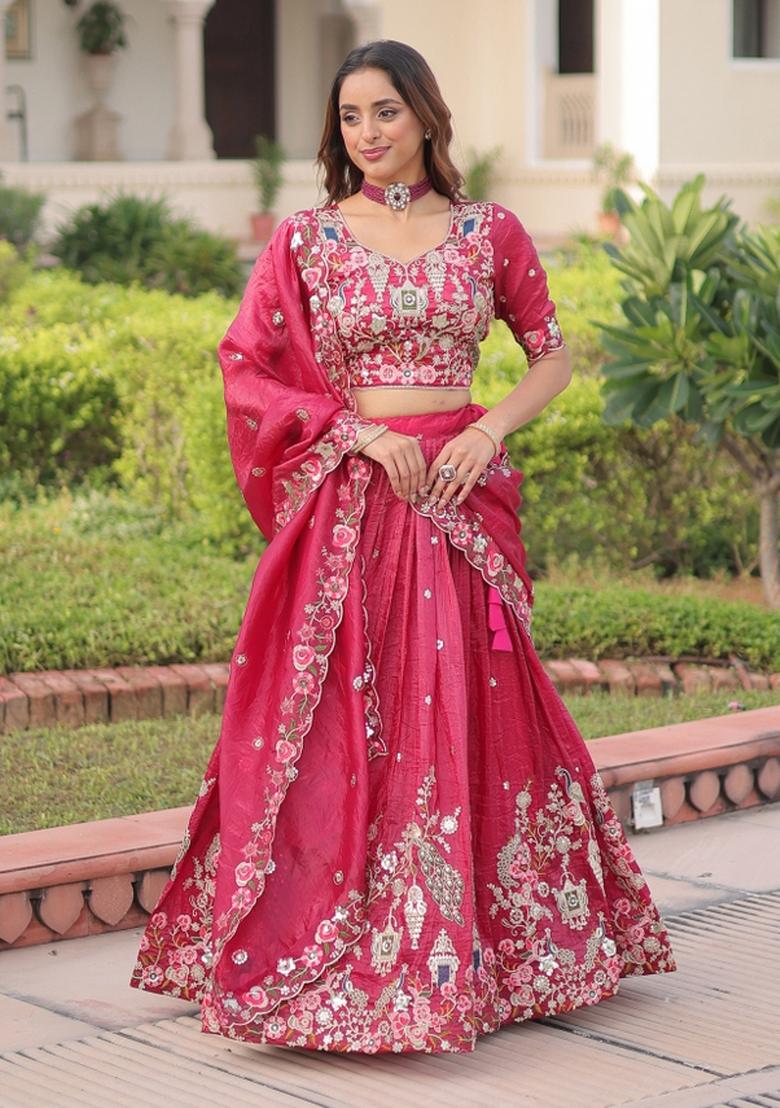 Pink Embroidered Gold Crush Lehenga Set - Indya