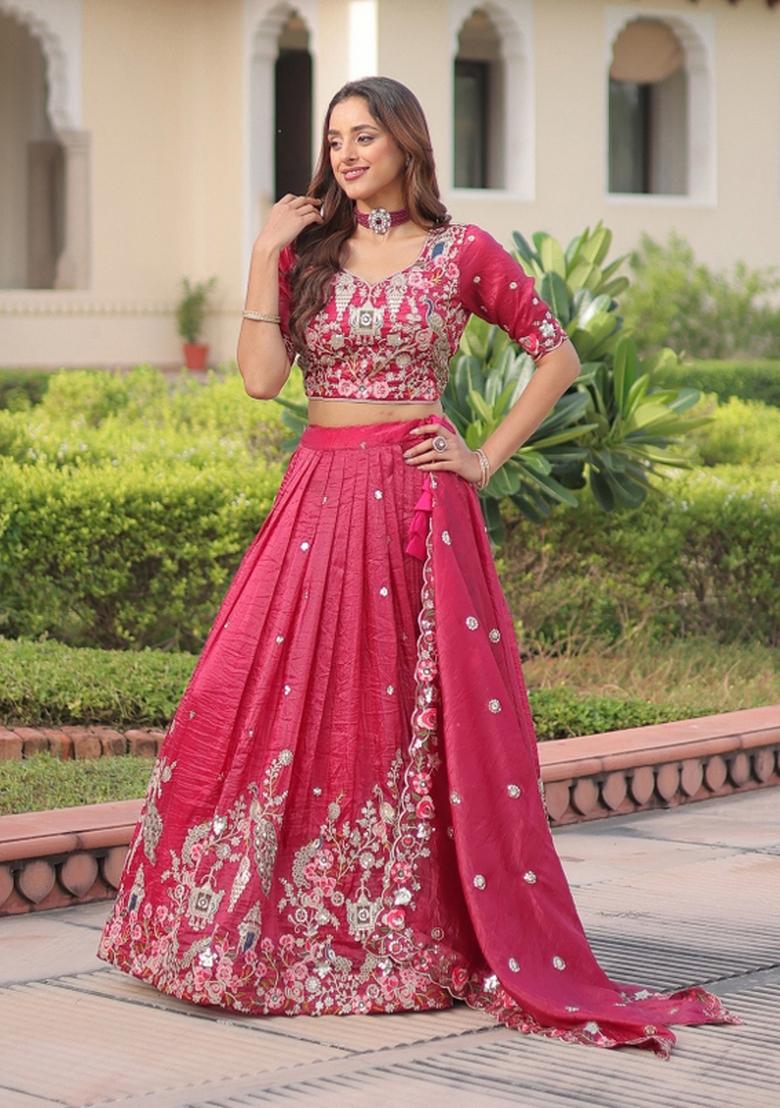 Pink Embroidered Gold Crush Lehenga Set - Indya