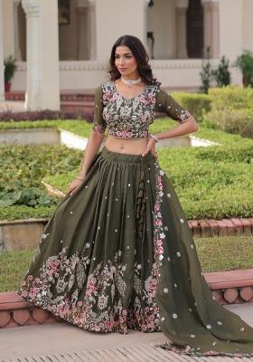 Green Embroidered Gold Crush Lehenga Set