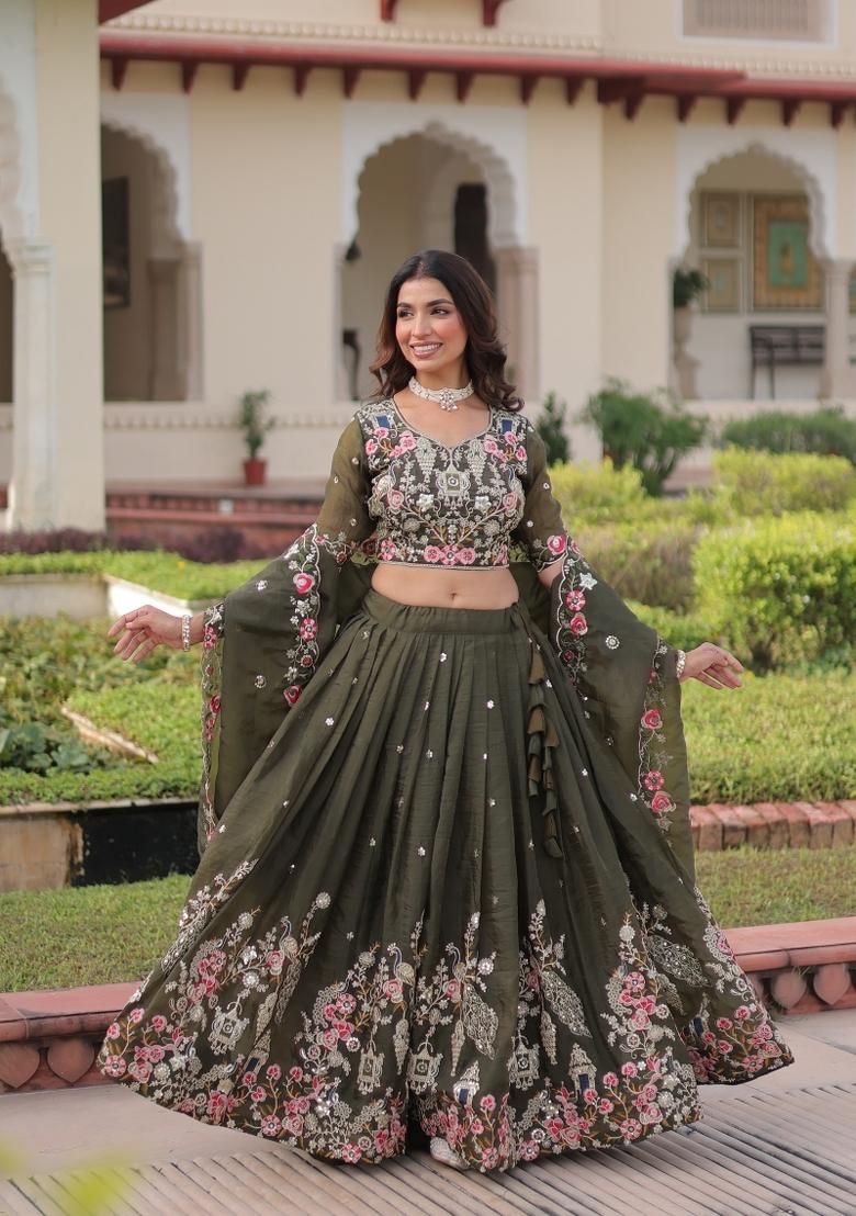 Green Embroidered Gold Crush Lehenga Set - Indya
