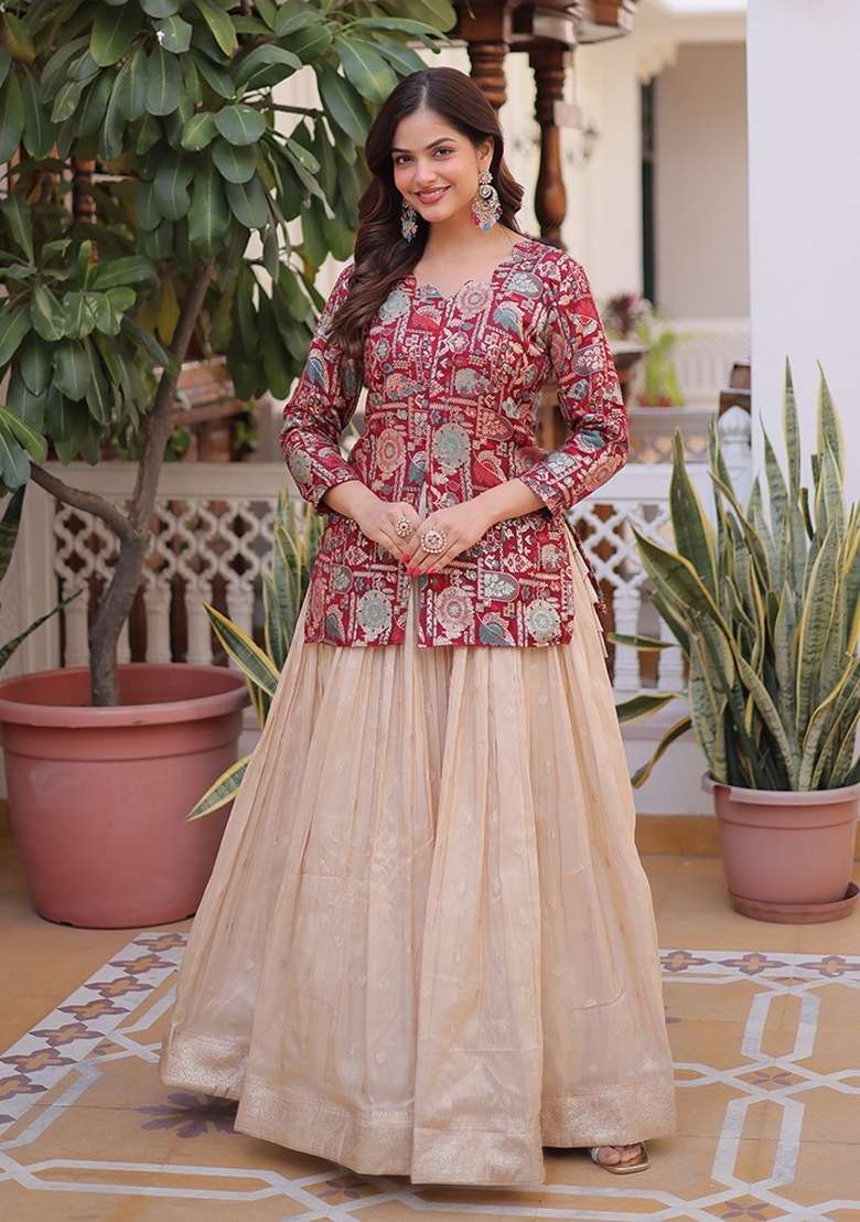 Maroon Jequard Cosmos Lehenga Set for Diwali | Wedding & Festive Wear - Indya