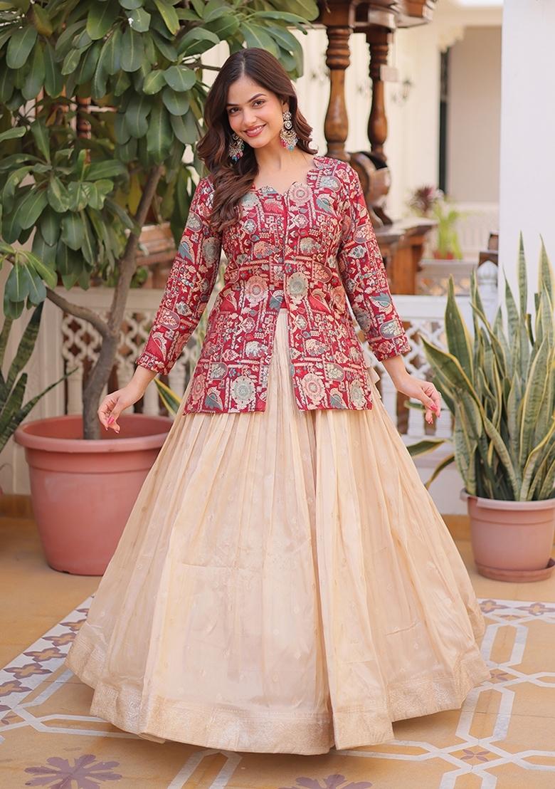 Maroon Jequard Cosmos Lehenga Set - Indya