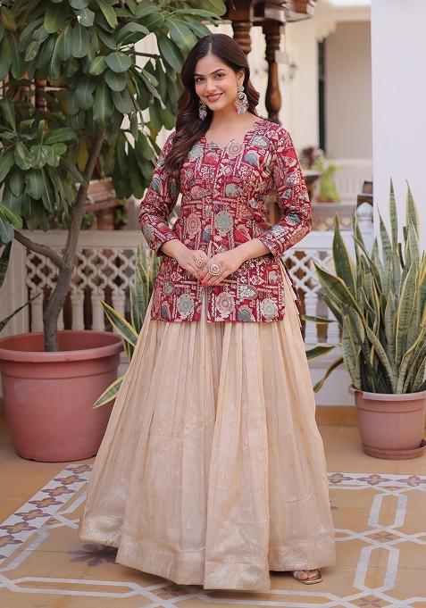 Maroon Jequard Cosmos Lehenga Set