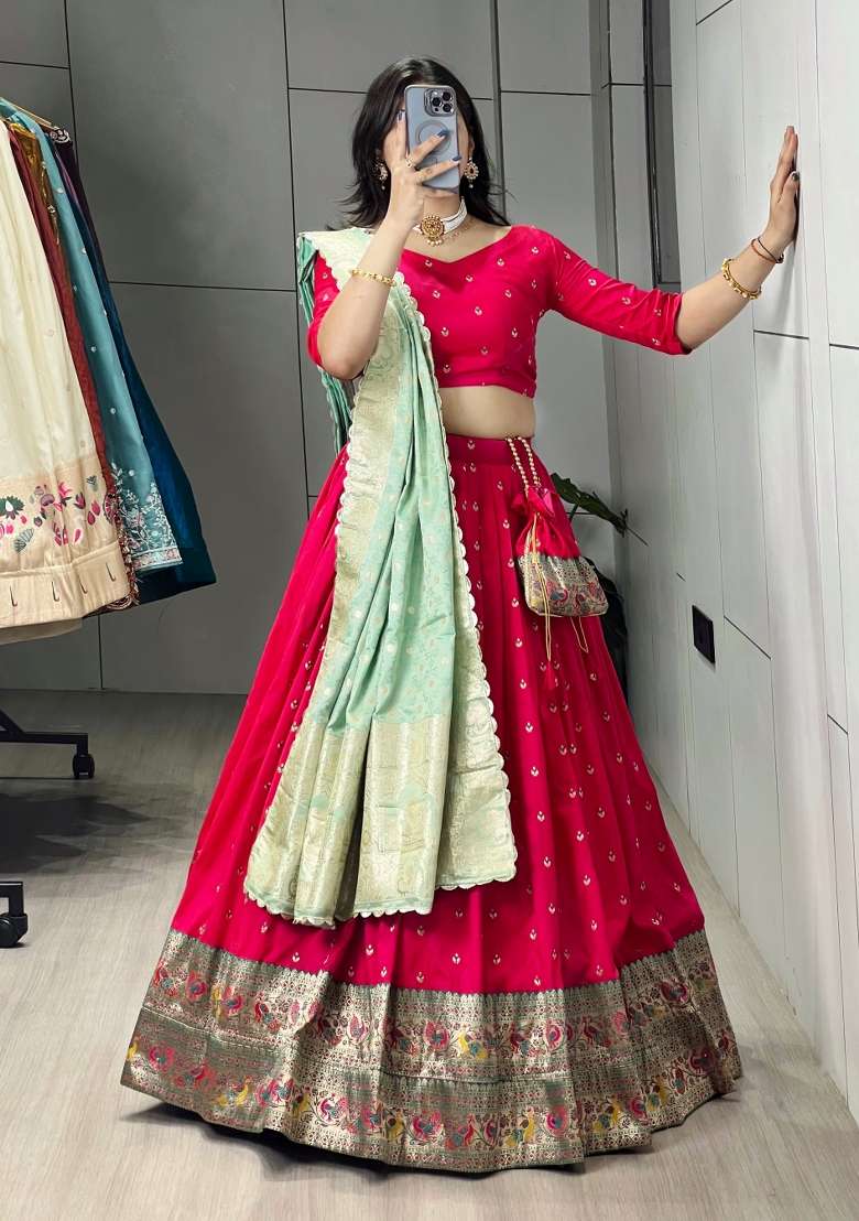 Pista Zari Work Silk Blend Lehenga Set for Diwali and Festive Wear - Indya