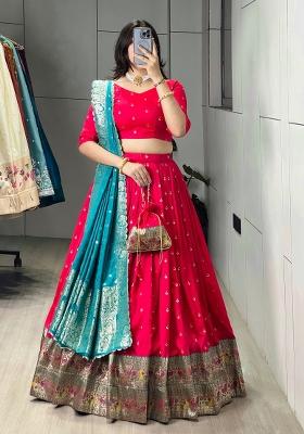 Firozi Zari Work Silk Blend Lehenga Set