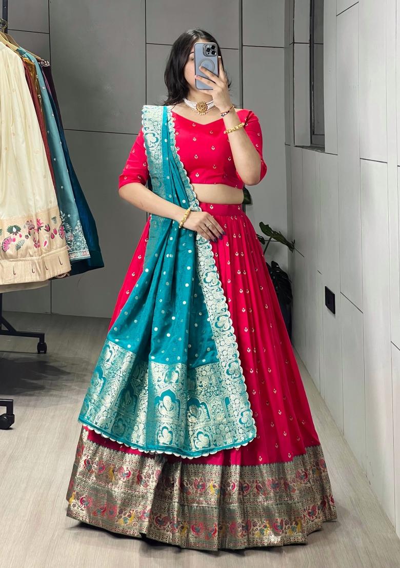 Firozi Zari Work Silk Blend Lehenga Set - Indya