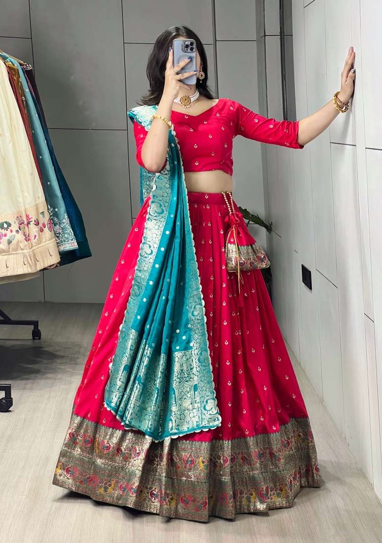 Firozi Zari Work Silk Blend Lehenga Set for Diwali and Festive Wear - Indya