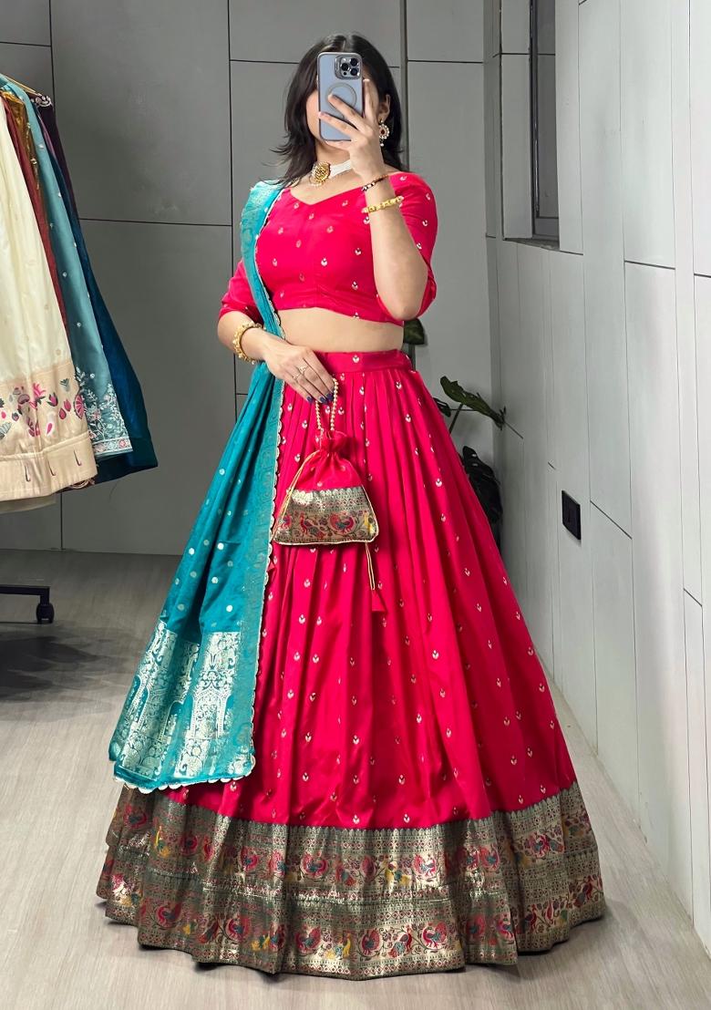Firozi Zari Work Silk Blend Lehenga Set - Indya