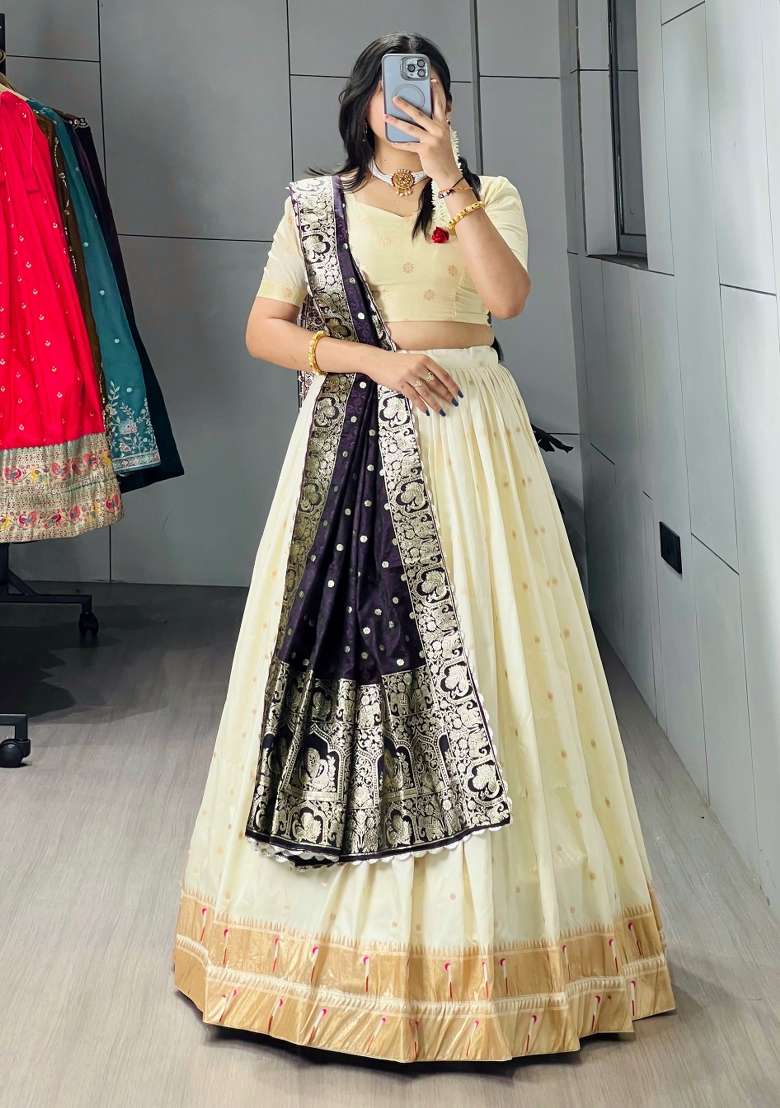 Dark Purple Zari Work Silk Blend Lehenga Set for Diwali and Festive Wear - Indya