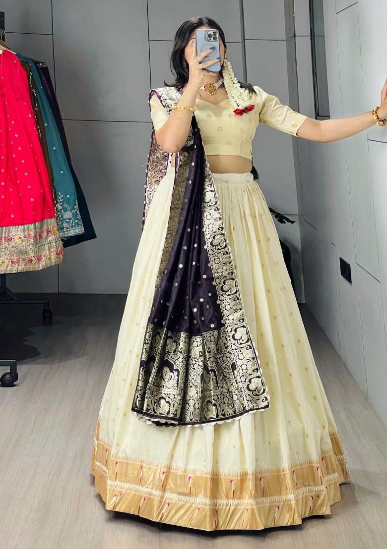 Dark Purple Zari Work Silk Blend Lehenga Set - Indya
