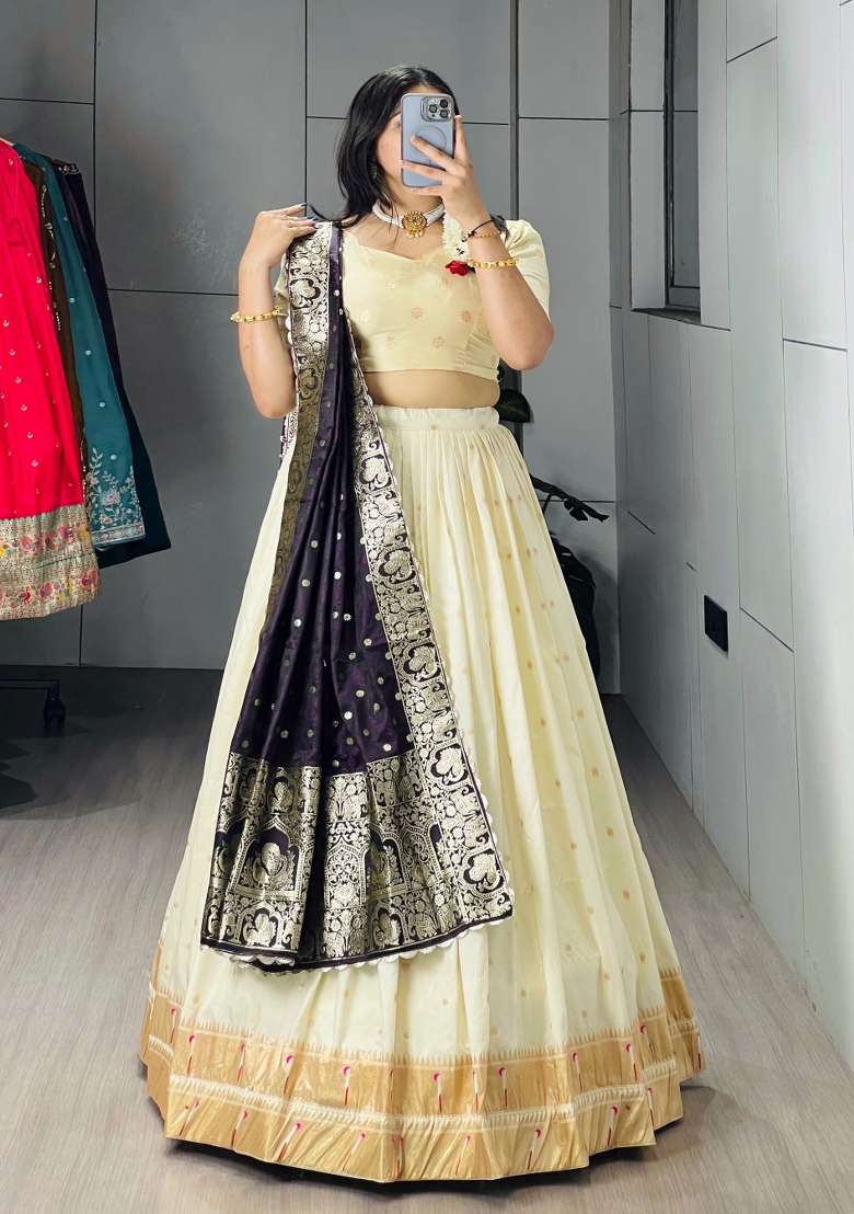 Dark Purple Zari Work Silk Blend Lehenga Set for Diwali and Festive Wear - Indya