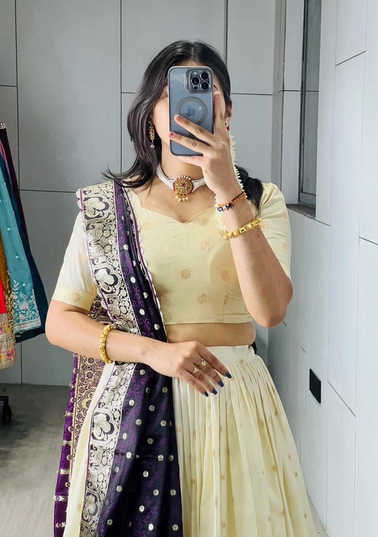 Dark Purple Zari Work Silk Blend Lehenga Set - Indya
