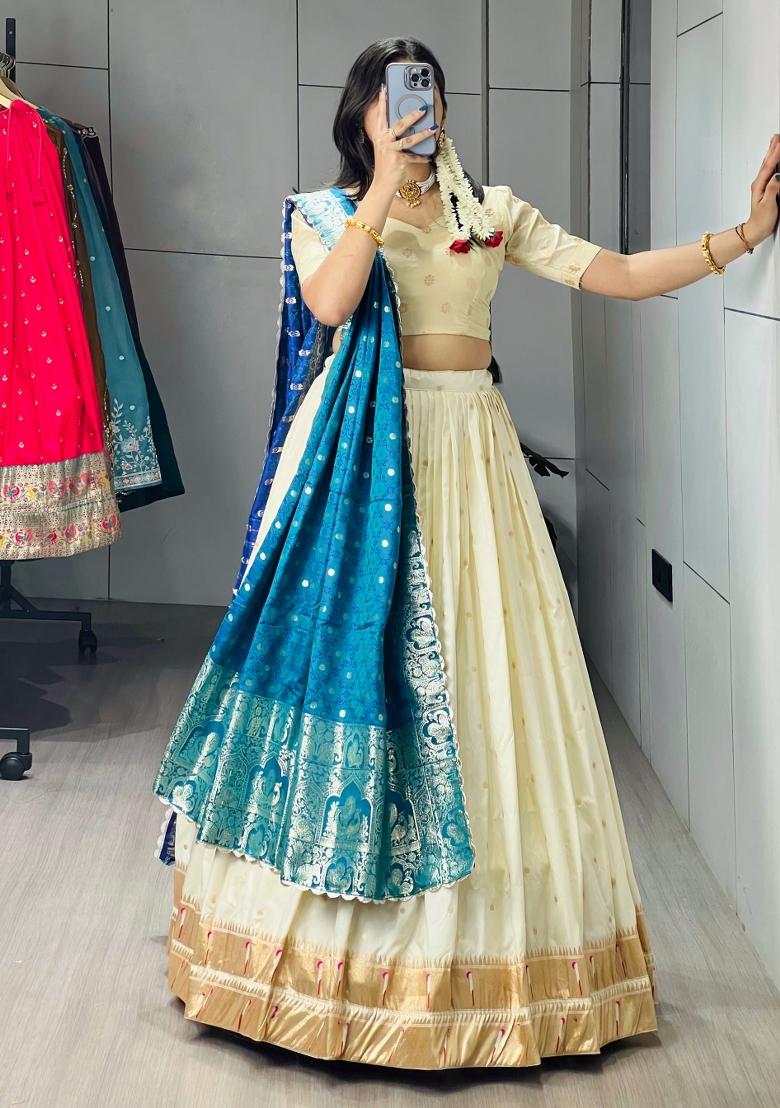 Firozi Zari Work Silk Blend Lehenga Set - Indya