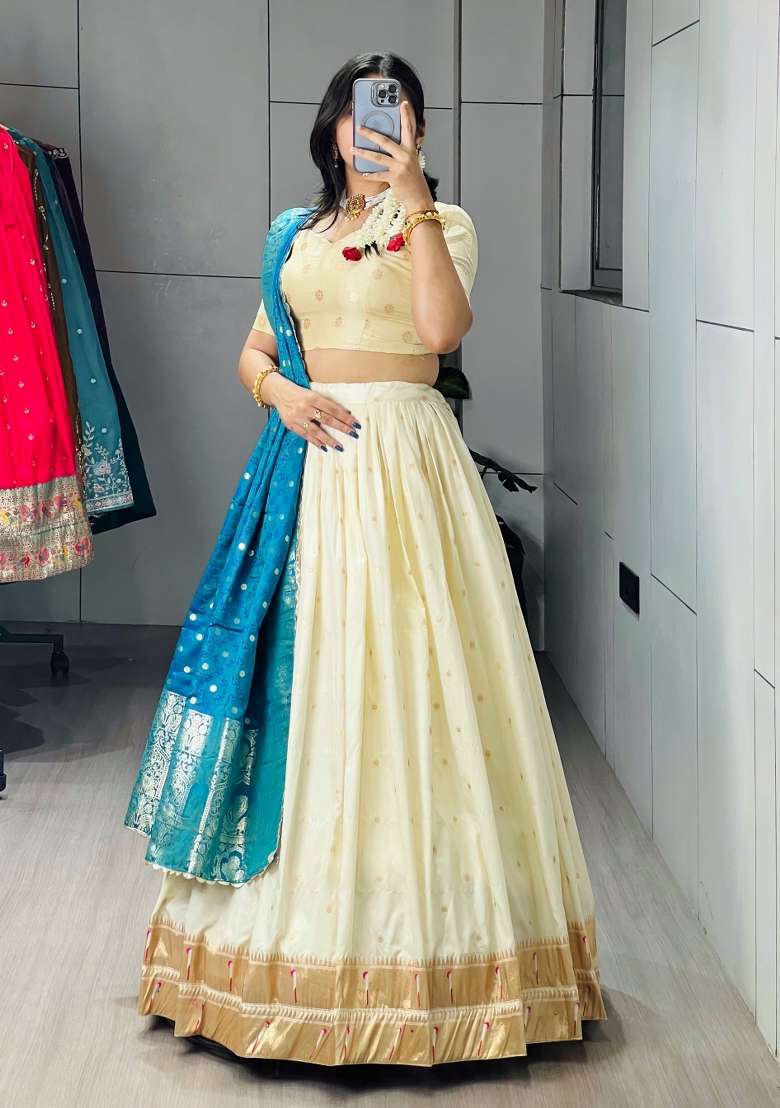 Firozi Silk Blend Lehenga Set with Zari Work for Diwali | Wedding & Festive Wear - Indya