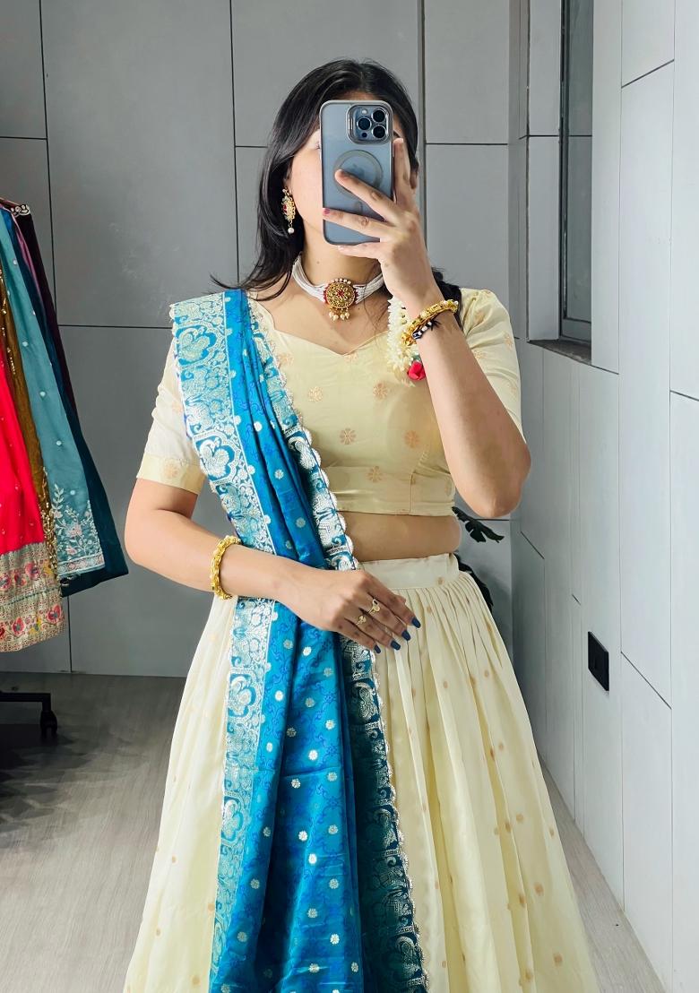 Firozi Zari Work Silk Blend Lehenga Set - Indya