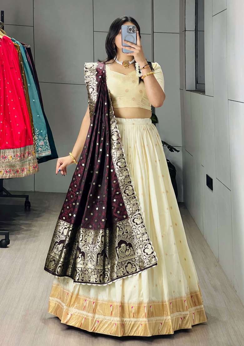Wine Silk Blend Lehenga Set with Zari Work for Diwali | Wedding & Festive Wear - Indya