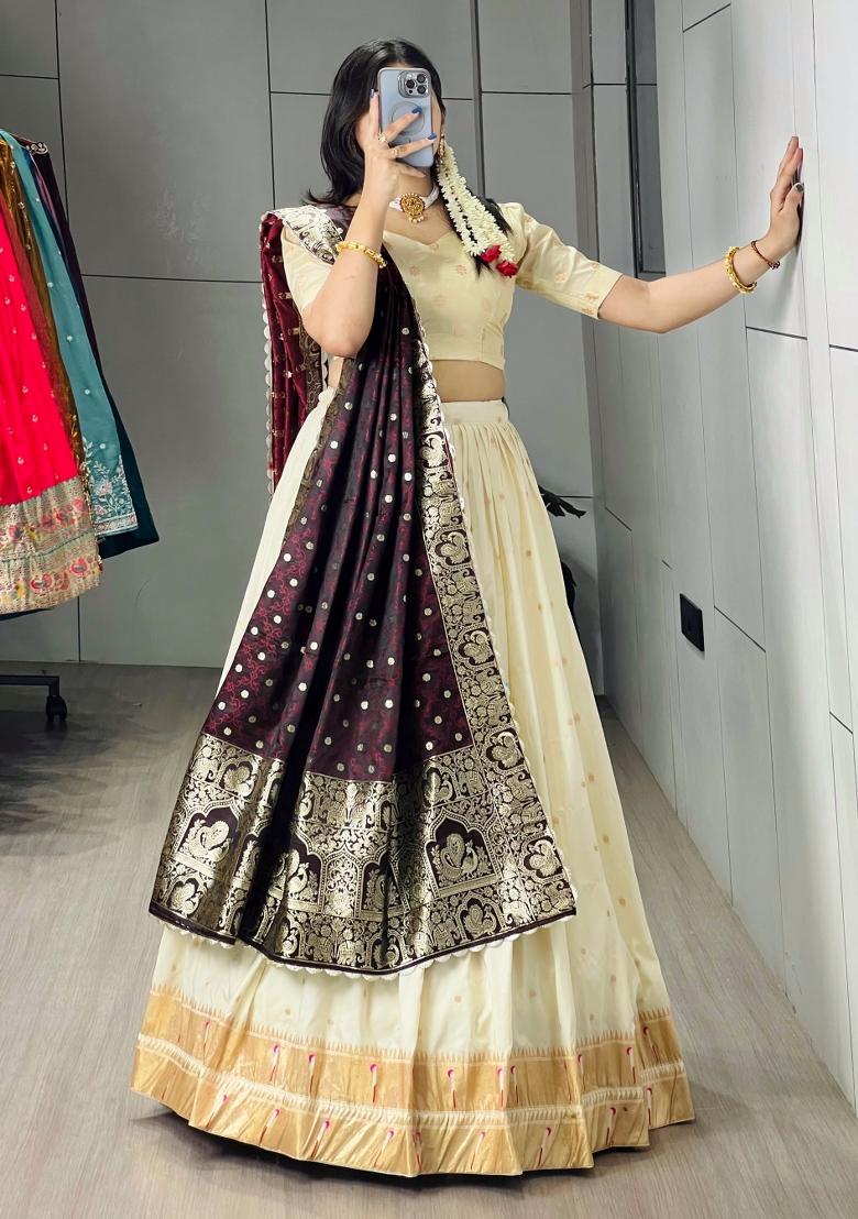 Wine Zari Work Silk Blend Lehenga Set - Indya