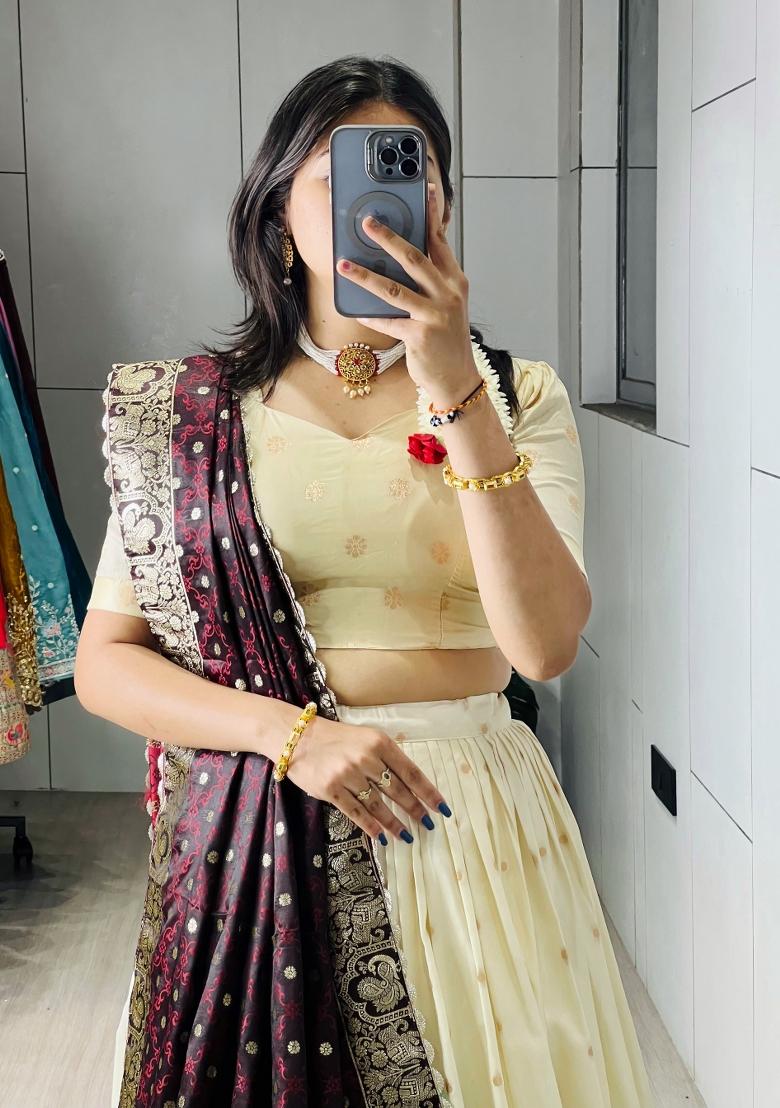 Wine Zari Work Silk Blend Lehenga Set - Indya