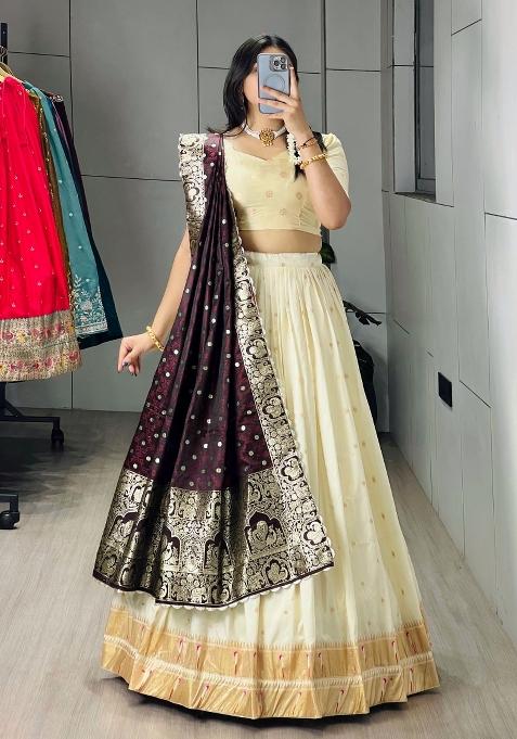 Wine Zari Work Silk Blend Lehenga Set
