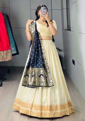 Navy Blue Zari Work Silk Blend Lehenga Set
