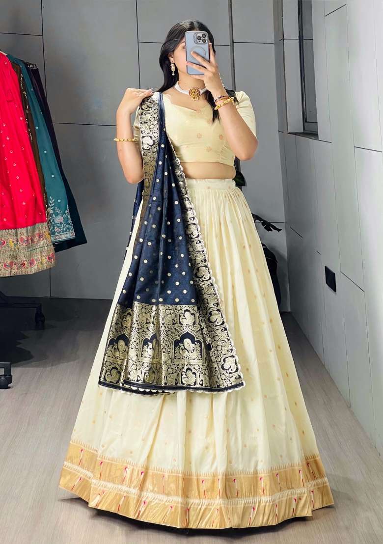 Navy Blue Silk Blend Lehenga Set with Zari Work for Diwali | Wedding & Festive Wear - Indya