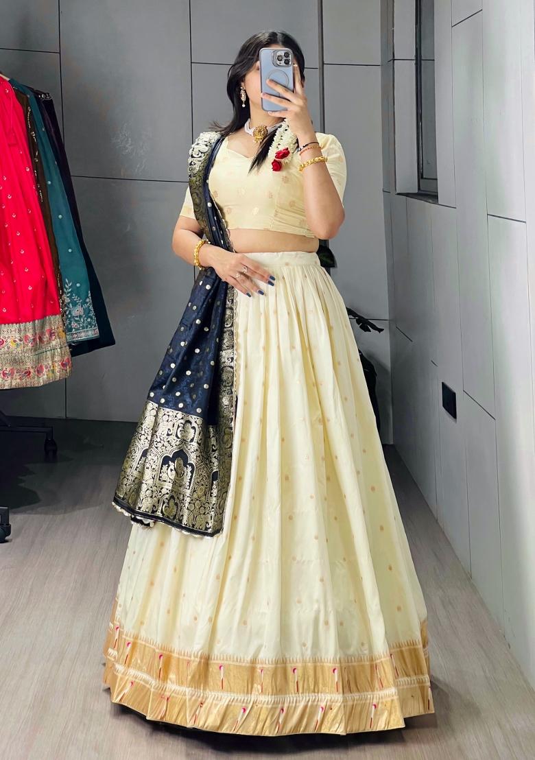 Navy Blue Zari Work Silk Blend Lehenga Set - Indya