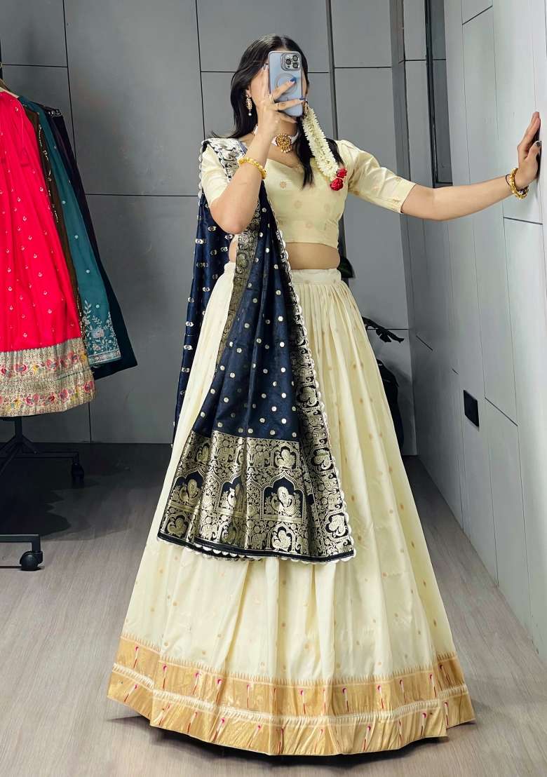 Navy Blue Silk Blend Lehenga Set with Zari Work for Diwali | Wedding & Festive Wear - Indya