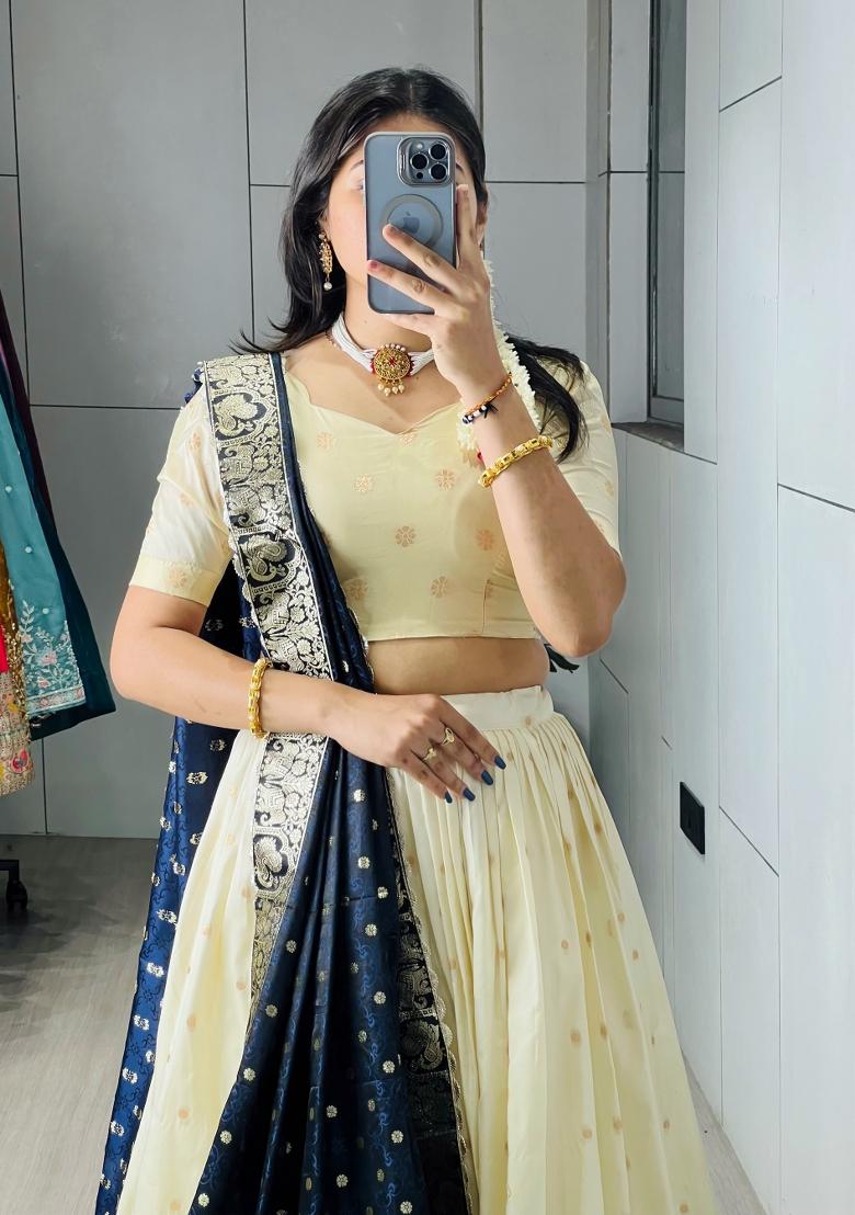 Navy Blue Zari Work Silk Blend Lehenga Set - Indya