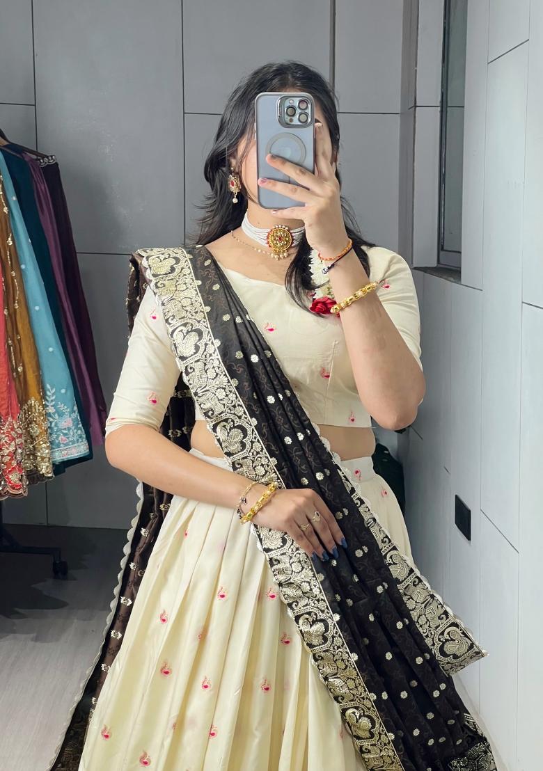 Brown Zari Work Silk Blend Lehenga Set - Indya