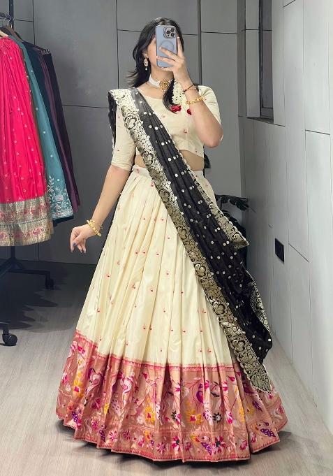 Brown Zari Work Silk Blend Lehenga Set