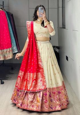 Red Zari Work Silk Blend Lehenga Set