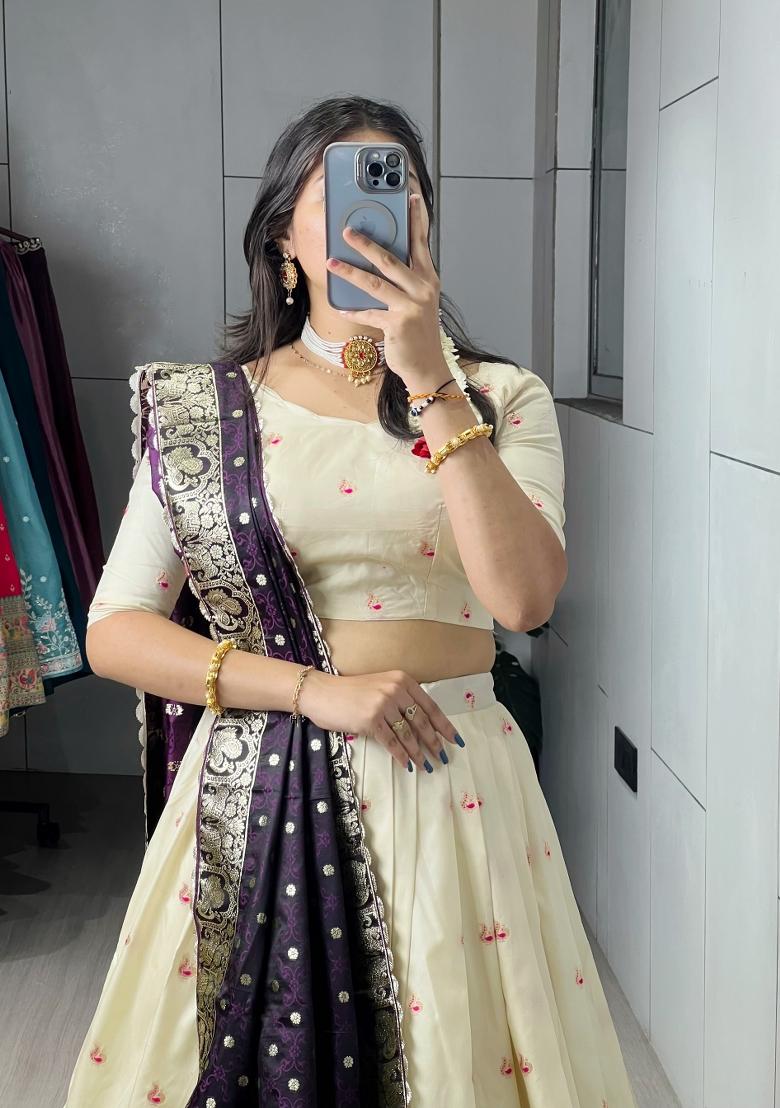 Dark Purple Zari Work Silk Blend Lehenga Set - Indya