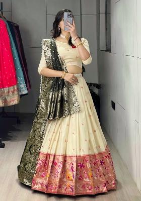 Green Zari Work Silk Blend Lehenga Set