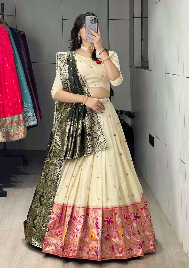 Green Zari Work Silk Blend Lehenga Set for Diwali and Festive Wear - Indya