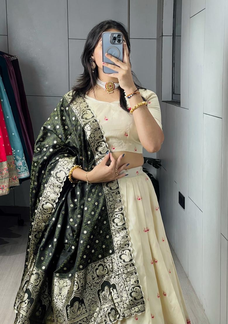 Green Zari Work Silk Blend Lehenga Set - Indya