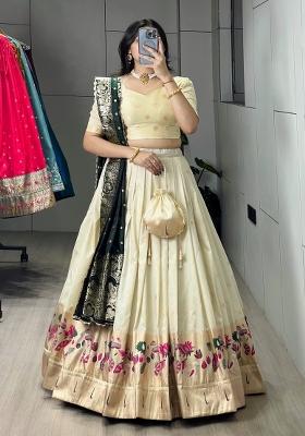 Green Zari Work Silk Blend Lehenga Set