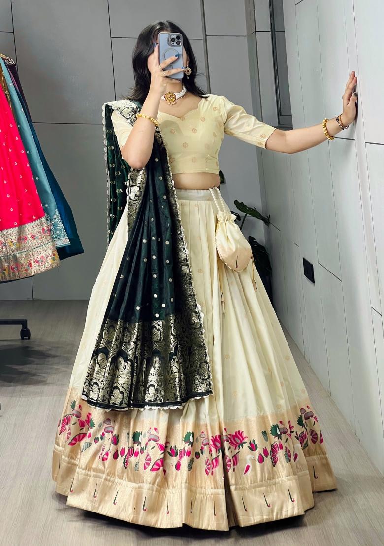 Green Zari Work Silk Blend Lehenga Set - Indya