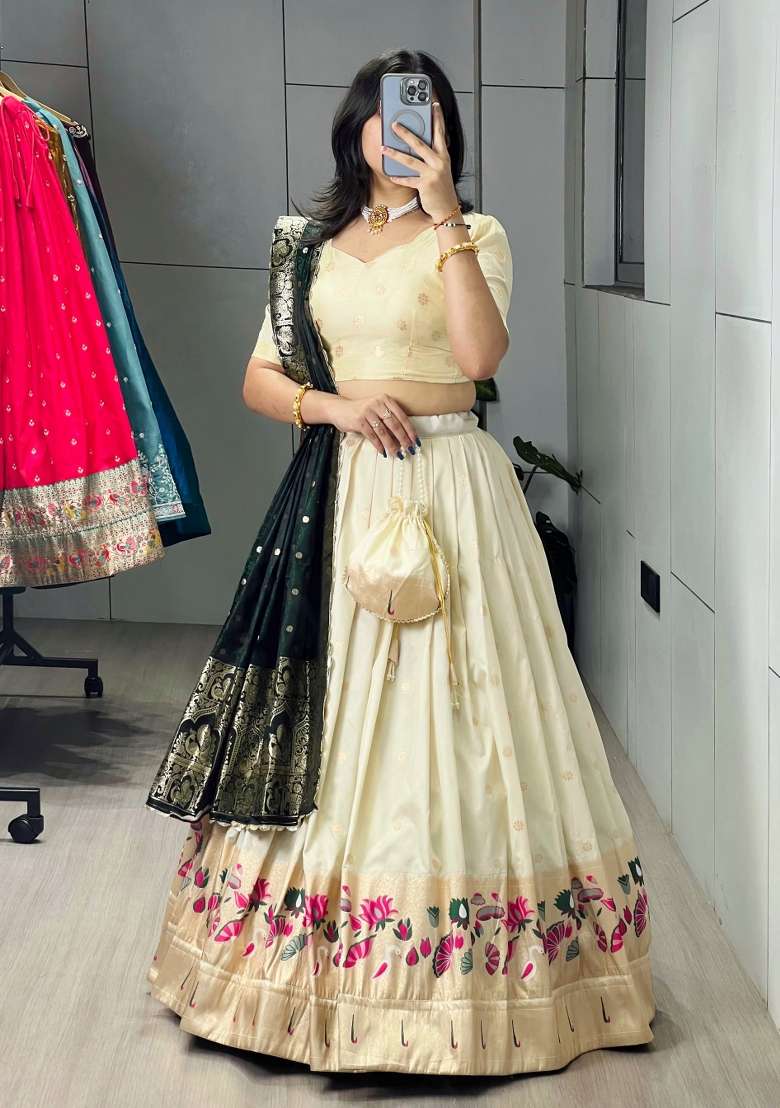 Green Zari Work Silk Blend Lehenga Set for Diwali and Festive Wear - Indya