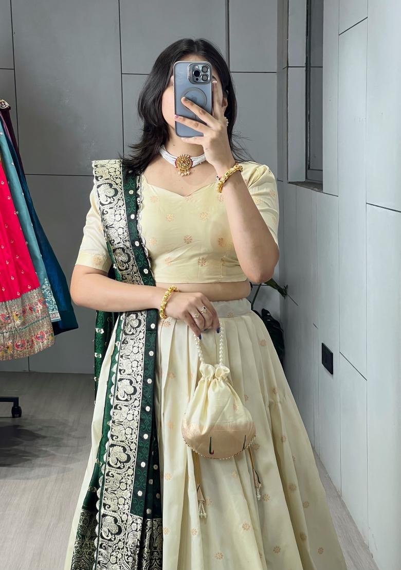 Green Zari Work Silk Blend Lehenga Set - Indya