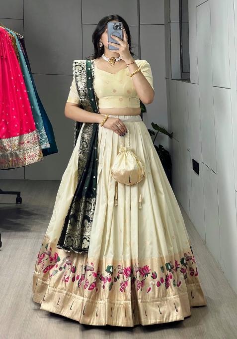 Green Zari Work Silk Blend Lehenga Set