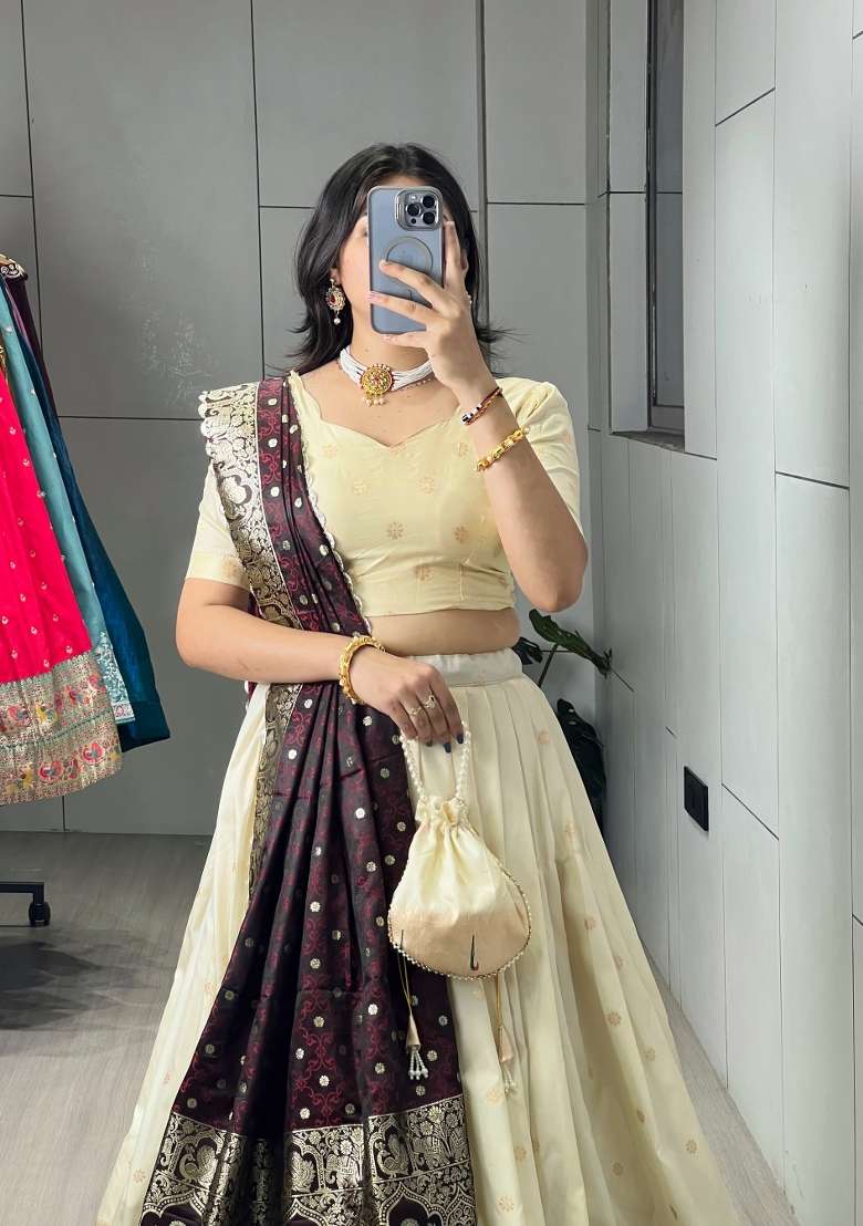 Wine Zari Work Silk Blend Lehenga Set for Diwali and Festive Wear - Indya