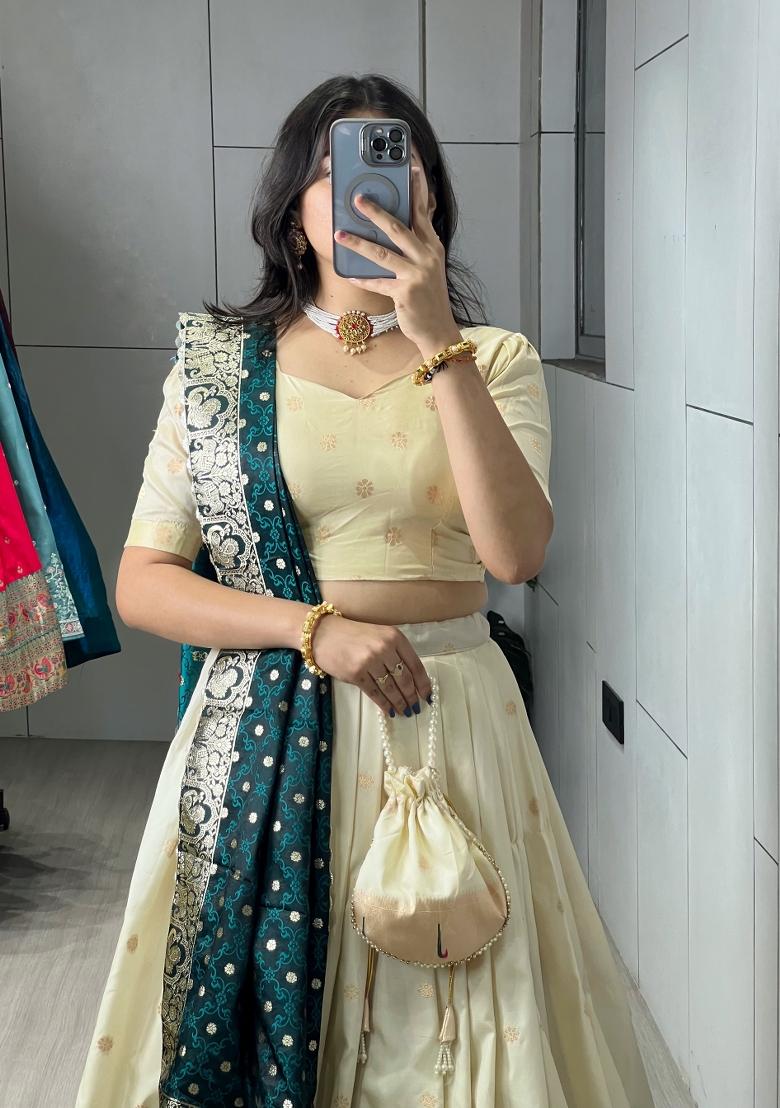Rama Zari Work Silk Blend Lehenga Set - Indya