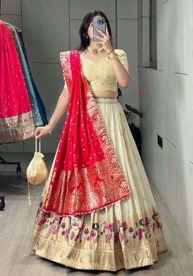 Rani Pink Zari Work Silk Blend Lehenga Set