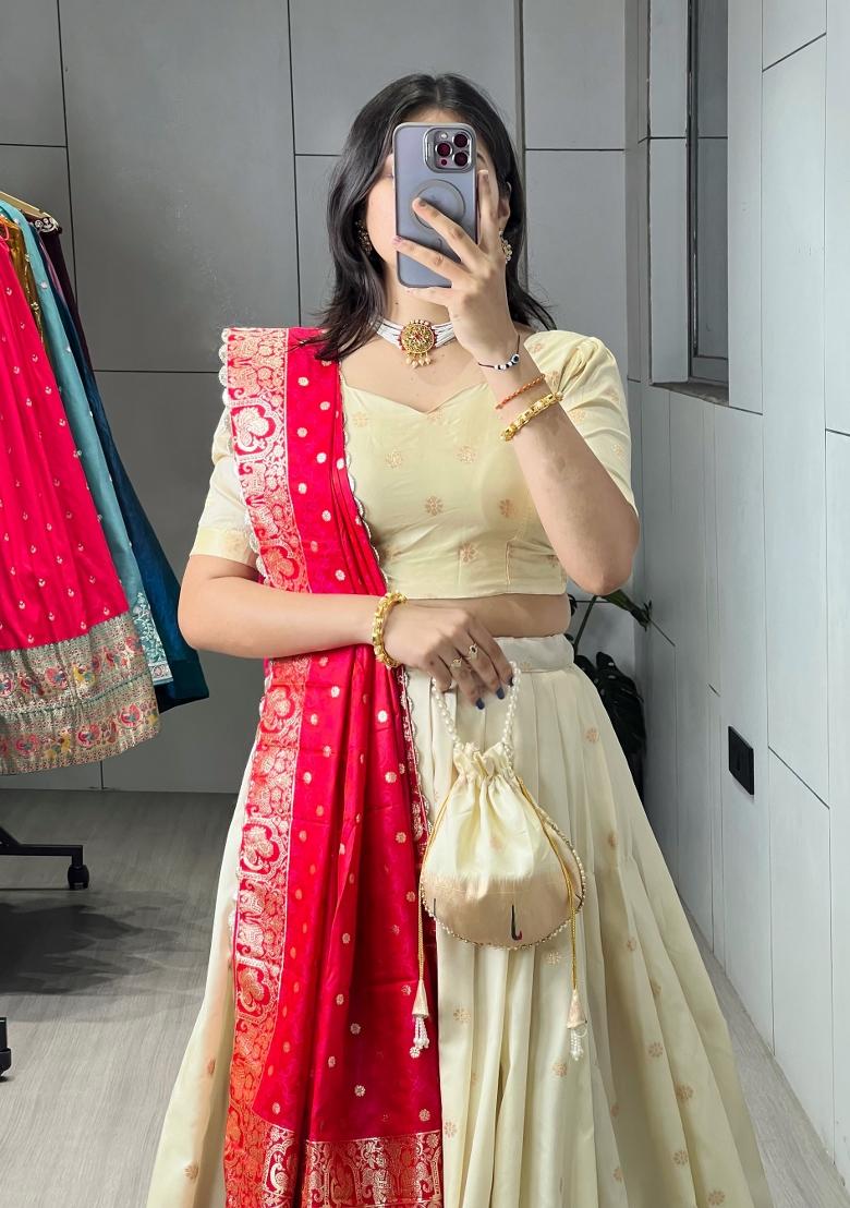 Rani Pink Zari Work Silk Blend Lehenga Set - Indya