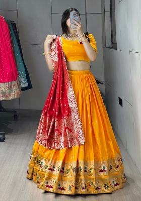 Golden Zari Work Silk Blend Lehenga Set