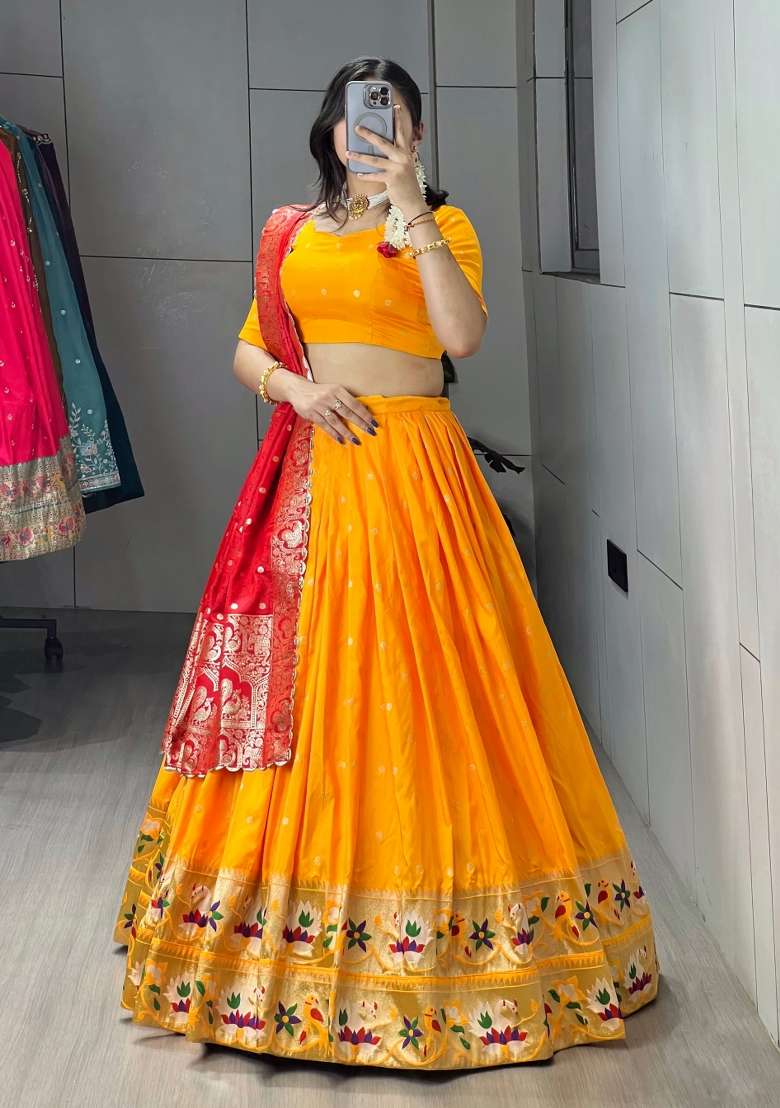 Golden Silk Blend Lehenga Set with Zari Work for Diwali | Wedding & Festive Wear - Indya