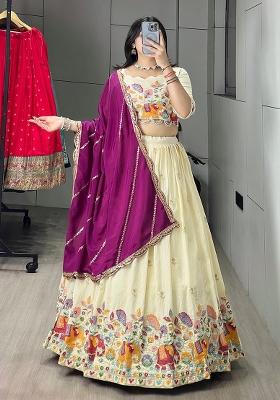 Wine Embroidered Vichitra Lehenga Set