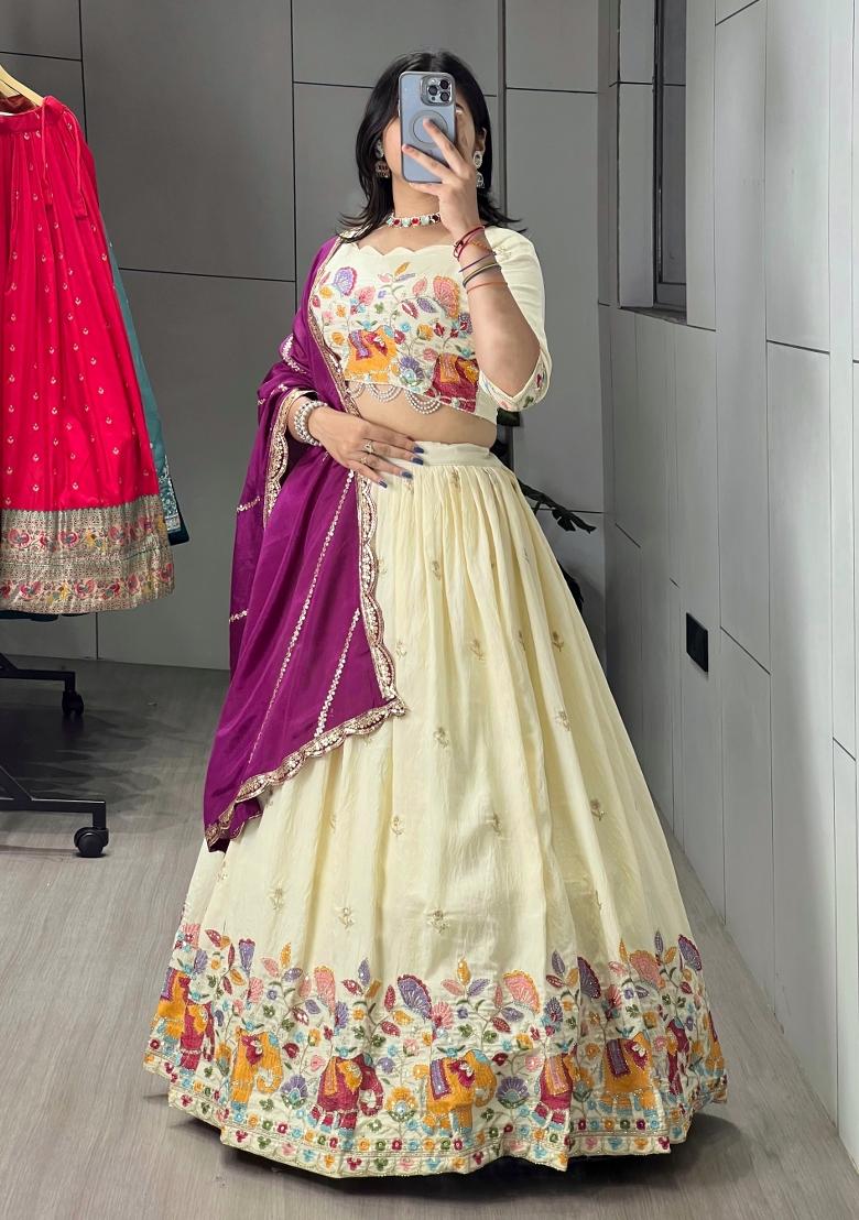 Wine Embroidered Vichitra Lehenga Set - Indya