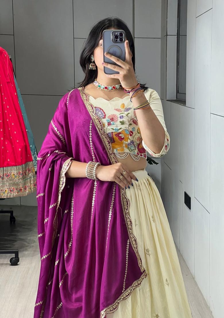 Wine Embroidered Vichitra Lehenga Set - Indya