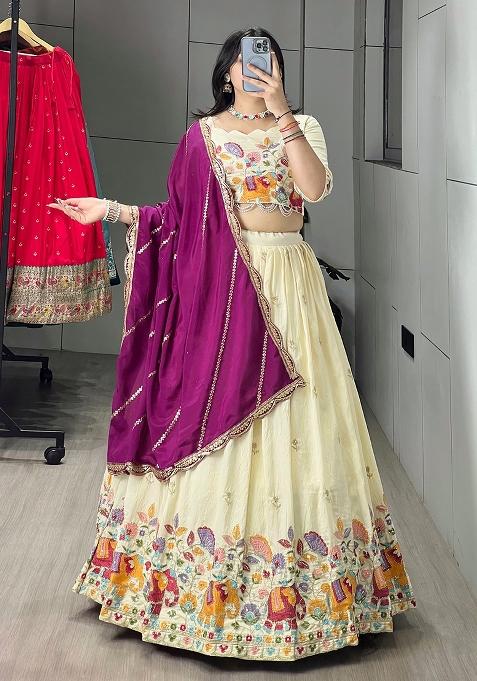 Wine Embroidered Vichitra Lehenga Set